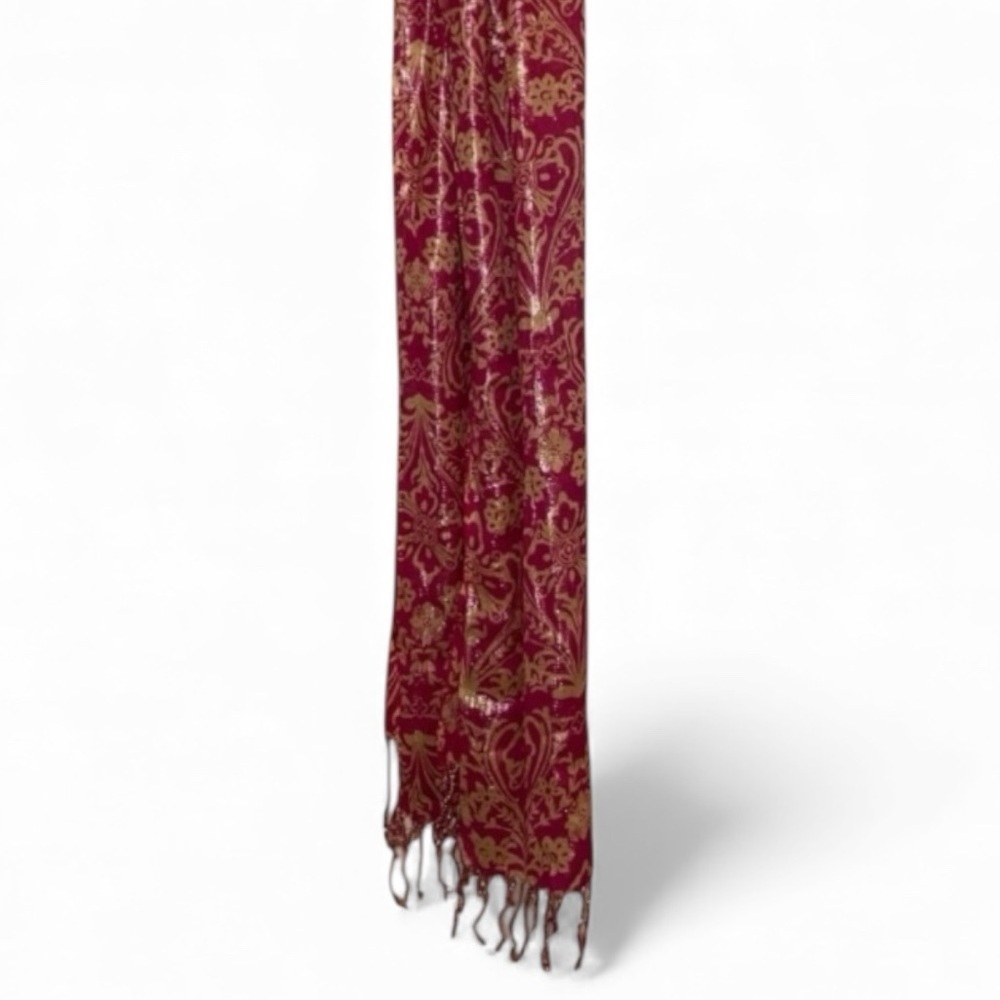 KARMA SCARF Shawl Wrap Fringe Paisley & Floral Pattern Pink and Beige 
74” x 23” - Picture 6 of 9